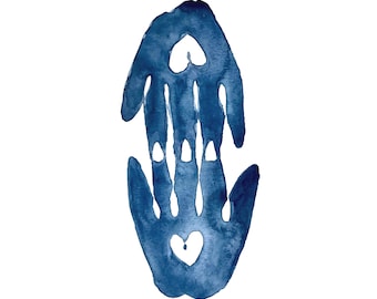 Hands | Ink Print | Hopeful Art | Blue Ink| Joining of Hands | Home Decor | Bright Colors | Gouache