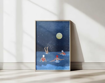 Night Swimming | Ocean Swimming | Swimming Art Print | Women Swim Art | Nautical | Home Decor | Swimming Characters | Gouache