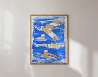 Blue Pool Swimmers | Swimming Art Print | Swim Team Art | Nautical | Home Decor | Swimming Characters | Gouache