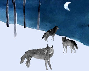 Wolves in the Snow | Mountain Winter | Nature Art | Ink | Cabin Decor | Wolf Art | Gouache | Illustration | WildlifeArt