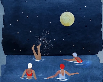 Night Swimming | Ocean Swimming | Swimming Art Print | Women Swim Art | Nautical | Home Decor | Swimming Characters | Gouache