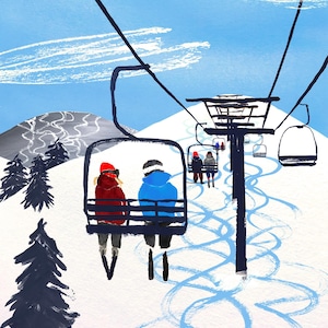 Bluebird Day | Skiing in Sun Valley | Wintertime Painting | Ski Hill | Skiing Couples | Minimalist | Ski Vacation | Gouache