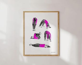 Tired Mom Yoga | Mom Humor | Yoga Art | Black Ink | Home Decor | Yoga Characters | Gouache | Illustration | Weird Mom Art