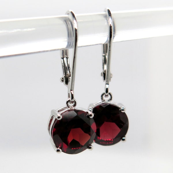 14k White gold garnet gemstone drop leverback earrings