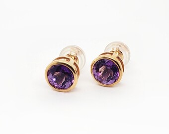 14k Rose Gold Over Sterling Silver Round Simulated Amethyst Bezel Set Stud Earrings 14k Rose Gold Over Sterling Silver Round Simulated Amethyst Bezel Set Stud Earrings