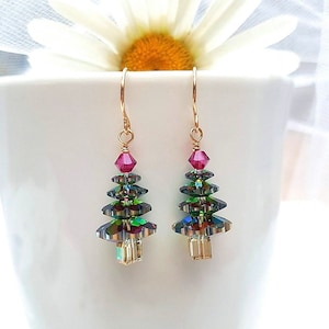 Christmas Tree Earrings, Swarovski Crystal Vitrail Medium Holiday Earrings, Christmas Earrings, Holiday Tree Earrings 14K Gold Filled