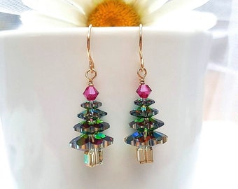 Swarovski Crystal Christmas Tree Earrings: 14K Gold Filled Holiday Jewelry Crystal Vitrail Medium