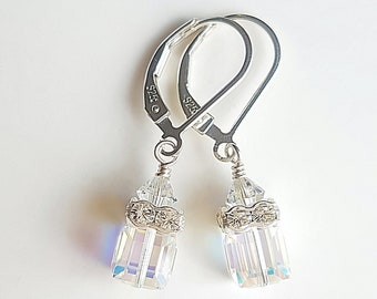 Cube Earrings, Crystal, Sterling Silver, Petite, Clear Swarovski Crystal, Teen, Girl, Junior Bridesmaid, Crystal Dangle, Handmade in the USA