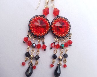 Red and Black Beaded Chandelier Earrings, Swarovski Crystal Boho Dangle and Drop Statement Earrings, Wedding Prom Party Colorful Earrings