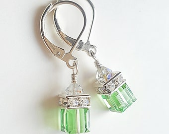 Peridot Earrings Swarovski Crystal, Green Petite Cube Sterling Silver, Teen, Girl, Wedding Junior Bridesmaid, Dangle, Birthstone Jewelry