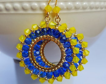 Beaded Sapphire Blue Czech Glass Hoop Earrings, Swarovski Crystal Hoop Earrings, Gold and Yellow Earrings for Women, Handmade Dangles