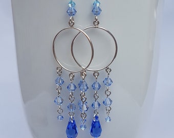 Sapphire Blue Chandelier Earrings, Swarovski Crystal, Sterling Silver Hoop, Long Drop Statement Earrings, September Birthday, New Year's Eve
