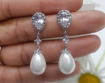 Pearl Drop Earrings, Brides Pearl Earrings, Sterling Silver Cubic Zirconia Teardrop Post, Classic Long Pearl Earrings, Heirloom Quality