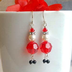 Santa Claus Red Earrings, Christmas Earrings Sterling Silver, Swarovski Crystal Pearl with Dangle Legs Holiday Earrings, Women and Teen Gift