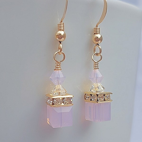 Rose Opal Earrings, Swarovski Crystal Cube Earrings, 14K Gold Filled, Bridesmaid, Teen, Girl, Modern Wedding, Dangle and Drop, Gift, Square