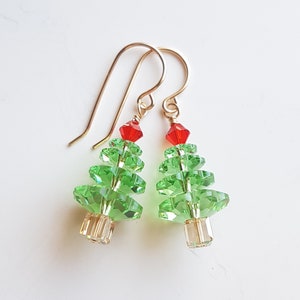 Christmas Tree Earrings, Peridot Green and Red Christmas Earrings, Swarovski Crystal Holiday Earrings, Holiday Tree Earrings 14K Gold Filled