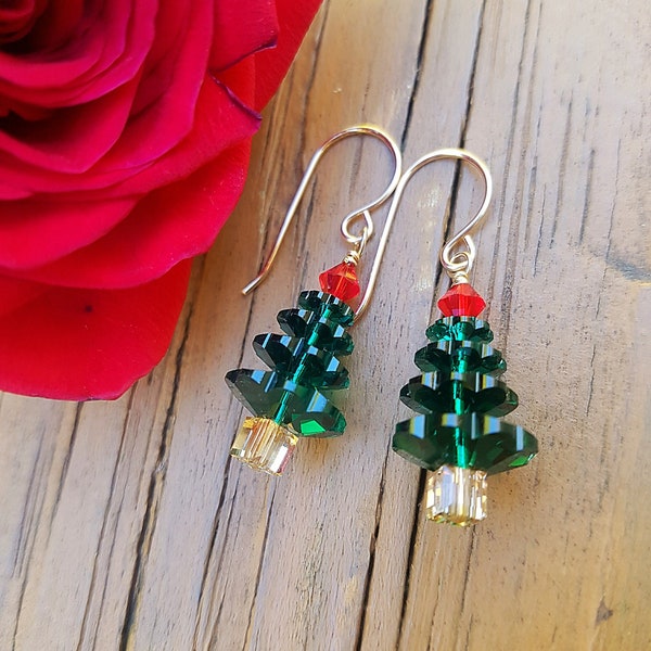 Christmas Tree Earrings, Swarovski Crystal Emerald Holiday Earrings, Green and Red Christmas Earrings, Holiday Tree Earrings 14K Gold Filled