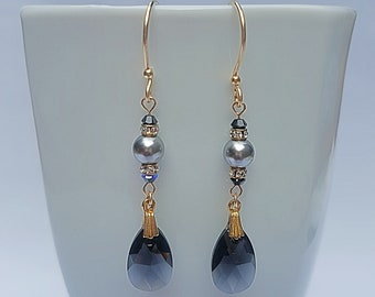 Black and Gold Swarovski Crystal Teardrop Earrings,  14K Gold Filled Wedding Earrings, Crystal Earrings, Bridesmaid Gift, Long Dangle