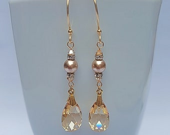 Golden Shadow Swarovski Crystal Teardrop Earrings,  14K Gold Filled Wedding Earrings, Crystal Earrings, Bridesmaid Gift, Long Dangle