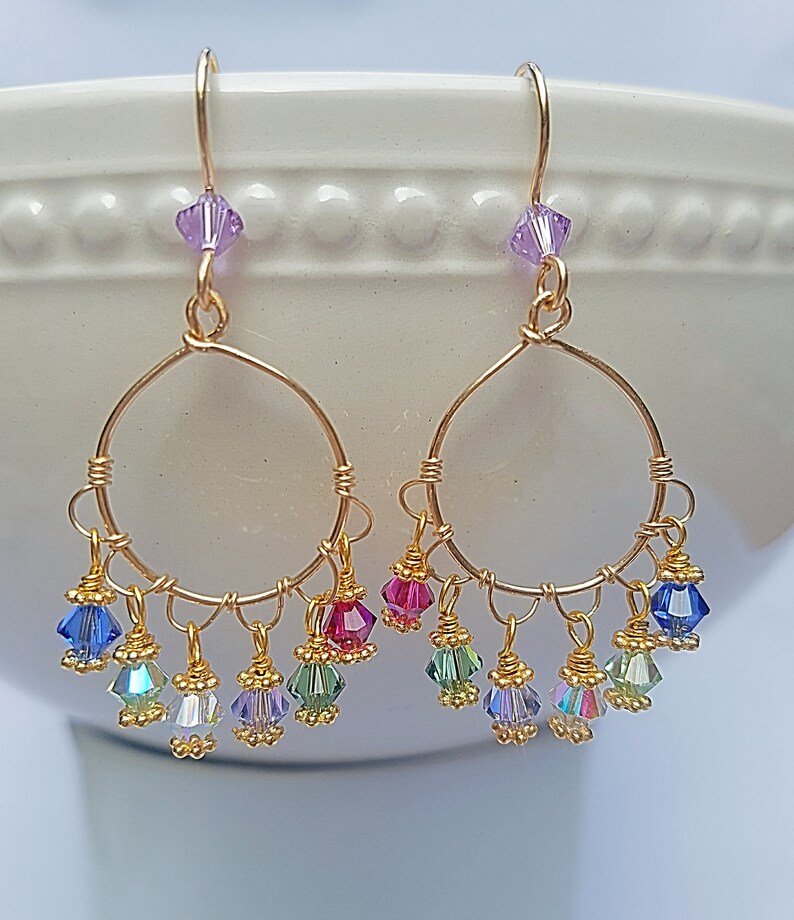 Crystal Chandelier Earrings, 14K Gold Filled Crystal Beaded Hoops, Spring Green, Hot Pink and Blue Wedding Jewelry, Dangle Bridesmaid Gift image 5