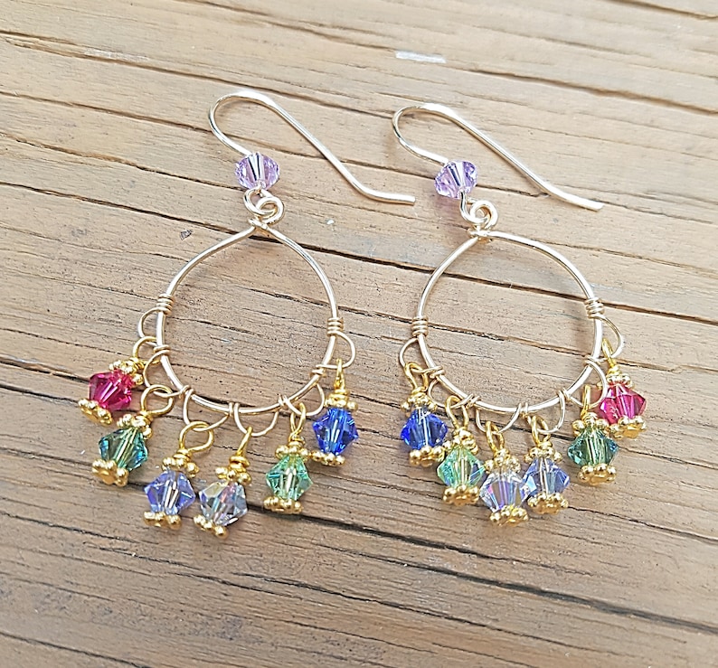 Crystal Chandelier Earrings, 14K Gold Filled Crystal Beaded Hoops, Spring Green, Hot Pink and Blue Wedding Jewelry, Dangle Bridesmaid Gift image 4
