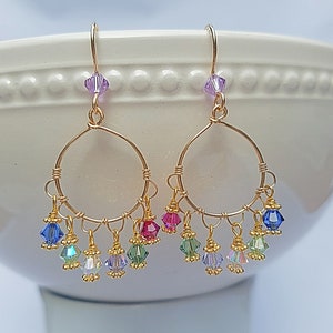 Crystal Chandelier Earrings, 14K Gold Filled Crystal Beaded Hoops, Spring Green, Hot Pink and Blue Wedding Jewelry, Dangle Bridesmaid Gift image 3