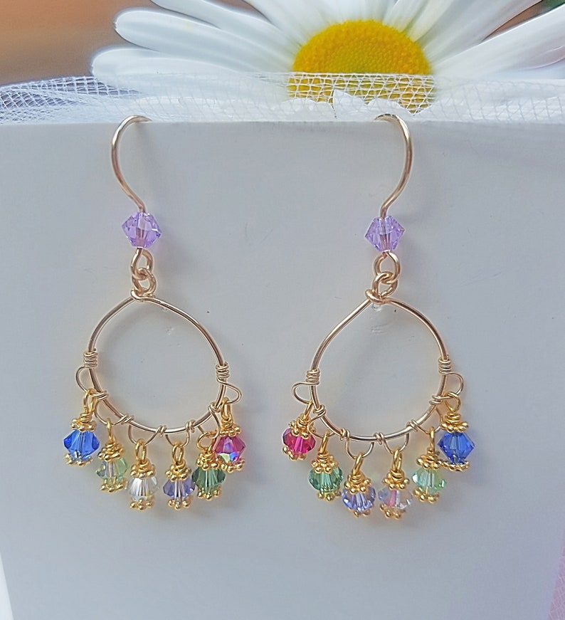 Crystal Chandelier Earrings, 14K Gold Filled Crystal Beaded Hoops, Spring Green, Hot Pink and Blue Wedding Jewelry, Dangle Bridesmaid Gift image 2