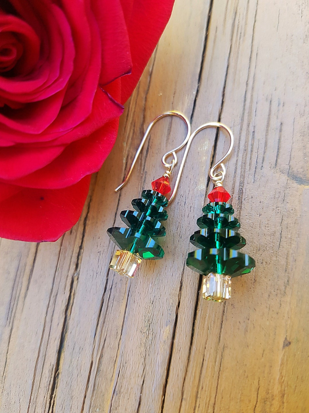 Christmas Tree Earrings, Swarovski Crystal Emerald Holiday Earrings, Green and Red Christmas