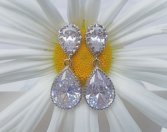 Crystal Teardrop Bridal Earrings, Silver Cubic Zirconia Earrings, Bridal Earrings, Wedding Bridal Jewelry, Christmas, Bridesmaid Prom Gift