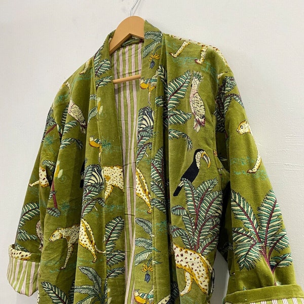 Robes kimono en velours à imprimé jungle verte, manteau en velours Morning Tea, robe de demoiselle d'honneur, robe en velours de coton pour femmes, veste en velours, robe de mariée