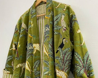 Groene jungle print fluwelen kimono gewaden, ochtend thee fluwelen jas, bruidsmeisje gewaad, vrouwen dragen katoen fluwelen gewaad, fluwelen jasje, bruidsgewaad