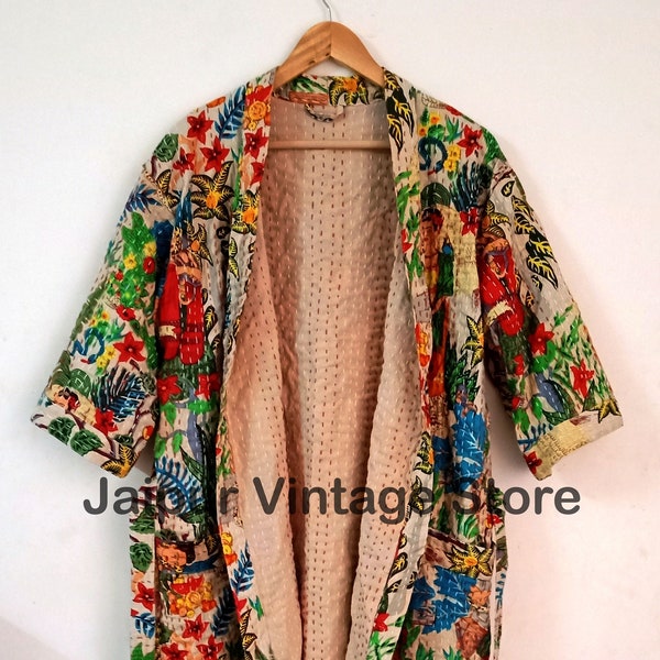 EXPRESS DELIVERY- Frida Kahlo Kantha Quilted Jacket Women Wear Coat Indian Style Quilted Jacket, Cotton Comfortable night kimono jacket