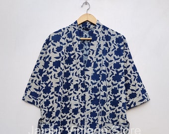 Indigo Block Print Baumwoll Kimono Robe, Indischer Handgemachter Kimono Bademantel, Frauen tragen Sommer Robe Kleid, Strandkleidung Kimono, Nachtgarderobe