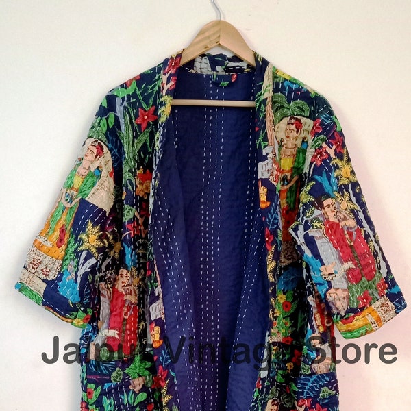 Kantha Kimono Jacket, Frida Khalo Long Kimono Robe Winter Wear Kantha Quilted Jacket Coat Indian Style Handmade Quilted Jacket bath robe