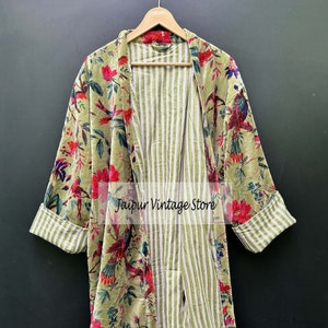 Green Bird Print Velvet Kimono Robes, Morning Tea Velvet Coat, Bridesmaid Robe, Women Wear Cotton Velvet robe, Velvet Jacket, Bridal Robe