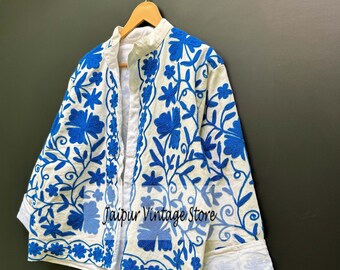 Giacca in cotone Suzani con ricamo blu, Giacca da donna, Giacca Suzani corta, Cappotto Suzani, Giacca ricamata a mano, Regalo da damigella d'onore, Regalo per lei