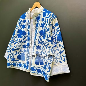 Blue Embroidery Suzani Cotton Jacket, Womens Jacket, Short Suzani Jacket, Suzani Coat, Hand Embroidery Jacket, Bridesmaid Gift, Gift For Her