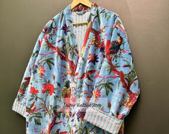 Batas de kimono de terciopelo con estampado de pájaro azul, abrigo de terciopelo de té de la mañana, bata de dama de honor, bata de terciopelo de algodón para mujer, chaqueta de terciopelo, bata de novia