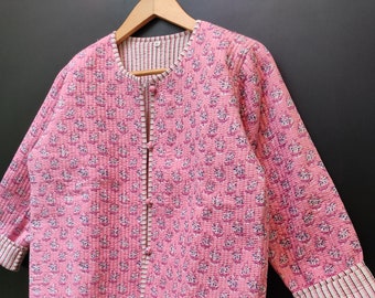 Manteau matelassé en coton imprimé à la main, manteau fait main pour femmes, veste à imprimé floral, veste Boho, veste matelassée