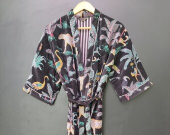 Batas de kimono de terciopelo con estampado de selva, bata de terciopelo de té de la mañana, bata de dama de honor, bata de terciopelo de algodón para mujer, chaqueta de terciopelo, bata de novia