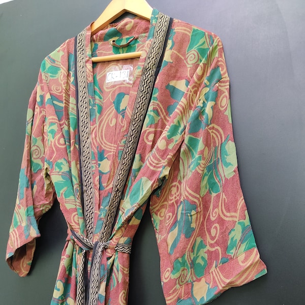 Boho Silk Saree Kimono Robe, Recycled Silk Sari Kimono Robe, Patchwork Colorful Rasgulla Silk Kimono Robe, Kimono, Robe, Gift for her