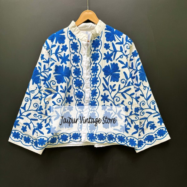 Blue Embroidery Suzani Cotton Jacket, Womens Jacket, Short Suzani Jacket, Suzani Coat, Hand Embroidery Jacket, Bridesmaid Gift, Gift For Her