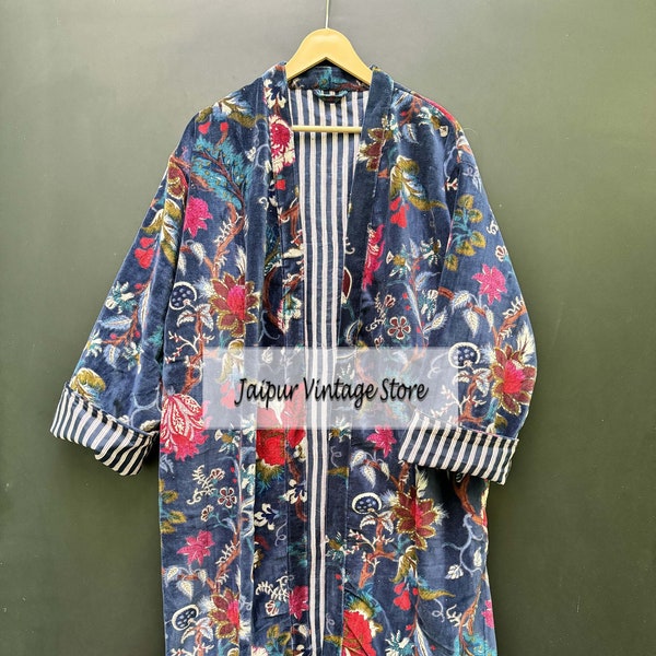 Floral Print Velvet Kimono Robes, Morning Tea Velvet Coat, Bridesmaid Robe, Women Wear Cotton Velvet robe, Velvet Jacket, Bridal Robe