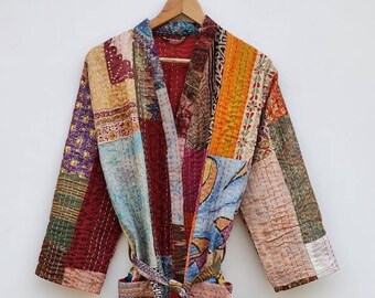 EXPRESS DELIVERY- Silk Multi Patchwork kantha jakcet, winter wear quilted coat, handmade silk kantha jacket, gift for her, bridesmaid kimono