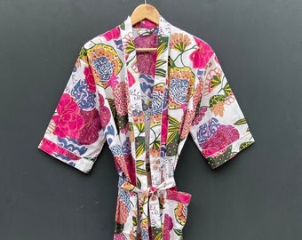 Tropical Fruit Print Cotton Kimono Robe, Long handmade Kimono Bathrobe Dress, Women Wear Summer Beach Wear Kimono Dress, Morning tea robe