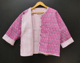 Veste matelassée en tissu imprimé HandBlock indien, kimono court pour femme, manteau à fleurs roses, nouveau Style