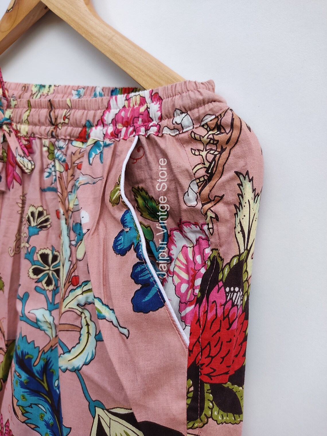 Floral Print Cotton Pajama Pants, Women Lounge Pants, Beach Pants