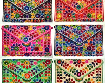 Indian Handmade Banjara Clutch's Hand Embroidery Work Boho Purses, Evening Handbag Purse Women Party Clutch's, Ethnic Hippie Clutch in Lot