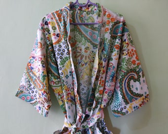 Paisley Print Kimono Bathrobe Pure Cotton Dress, Indian Handmade Kimono Night Wear Gown Maxi Dress, Summer kimono Robes