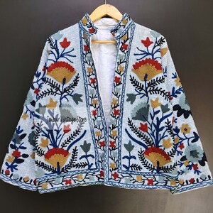Cotton Suzani Hand Embroidery Jacket Coat, Women Wear Winter Jackets, Bridesmaid Gift, Winter Jacket, Kimono Robe, Bridesmaid Jackets